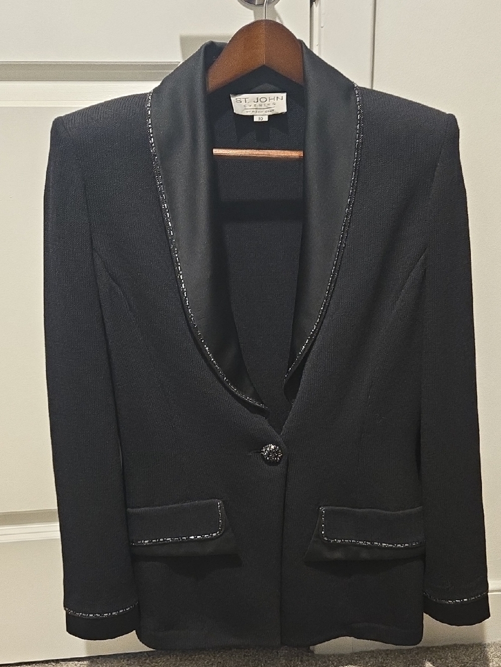 St. John Black Knit Satin-Trim Blazer